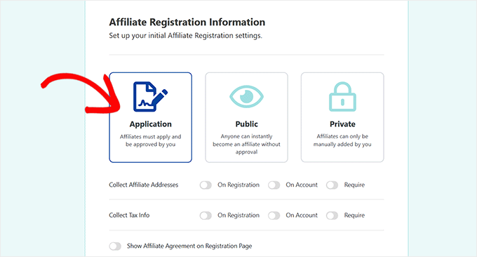 Choose Application option for affiliate registration process