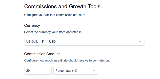 Choose currency and commission rate