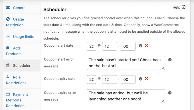 Scheduling a WooCommerce coupon by setting a start and end date