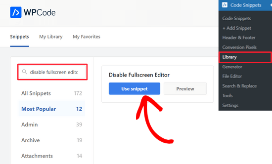Select the 'Disable Fullscreen Editor' snippet from the WPCode library