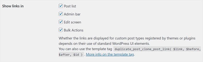 Choosing where the duplicate post settings are displayed in WordPress