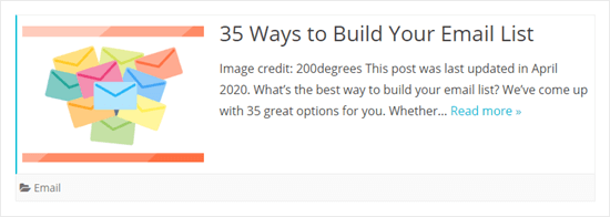 A post excerpt shown in the Maxwell theme. Post text reads 'Image credit: 200degrees This post was last updated in April 2020. What's the best way to build your email list? We've come up with 35 great options for you. Whether...''