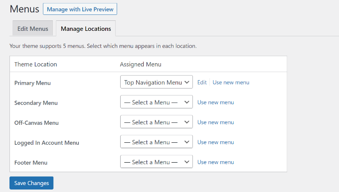 Manage menu locations