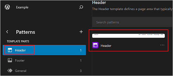 Selecting the Header pattern on the WordPress Block Editor