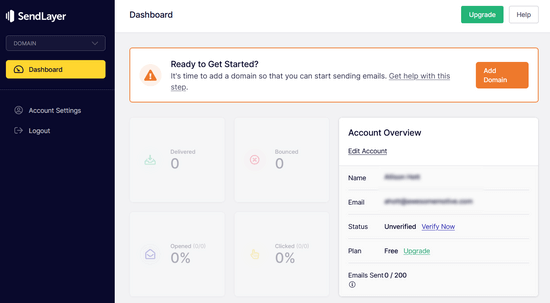 The SendLayer dashboard