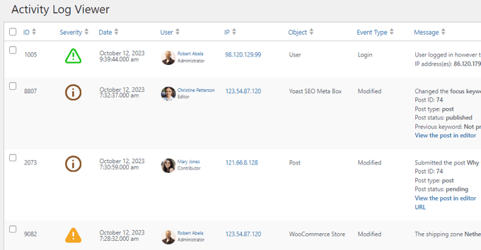 WordPress activity log viewer to monitor events