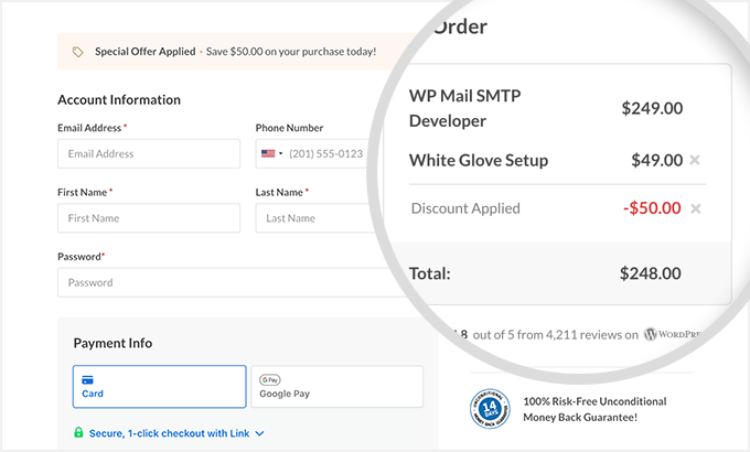 WP Mail SMTP checkout page order summary and payment details