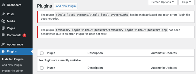 WordPress plugins deactivated