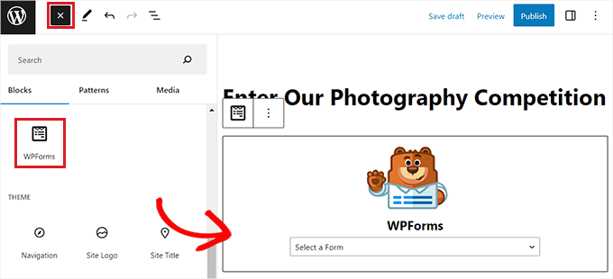 Locate and add the WPForms block