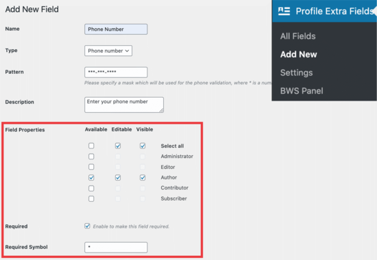 User profile field settings