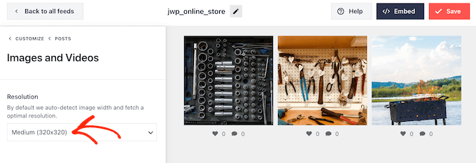 更改嵌入式 Instagram feed 的分辨率