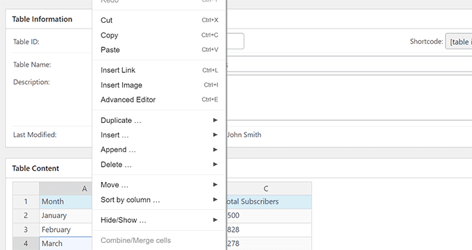 Right click table options