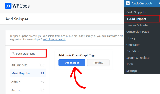 Select the 'Add basic Open Graph Tags' snippet from the library