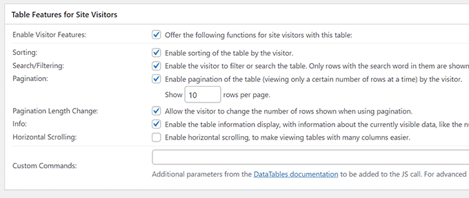 Table features site visitors