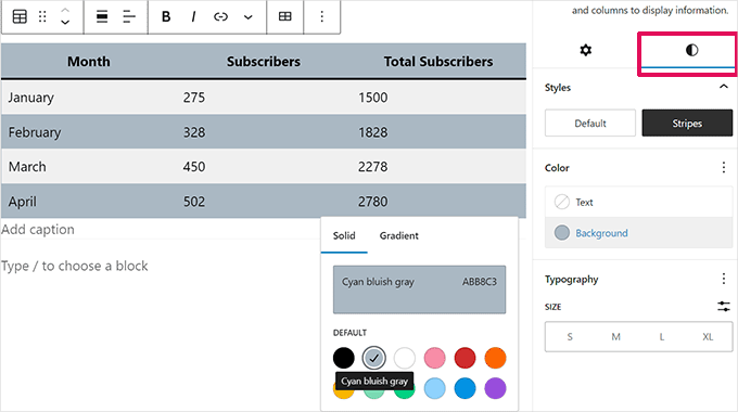 Table style and colors