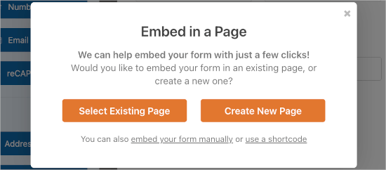 WPForms' embed prompt window