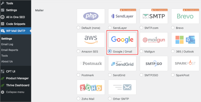 Choosing Google / Gmail as the mailer
