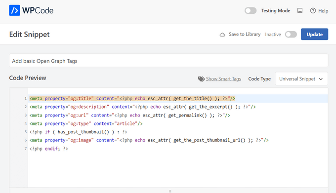 WPCode automatically adds the code for Open Graph data