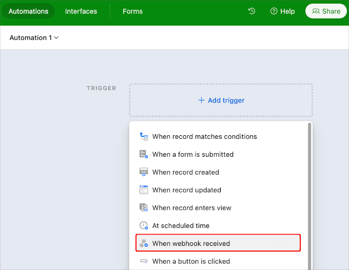 Selecting when webhook received trigger