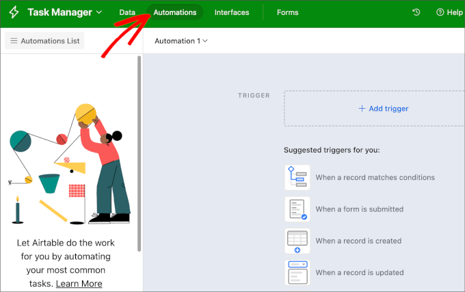 Automations tab in Airtable