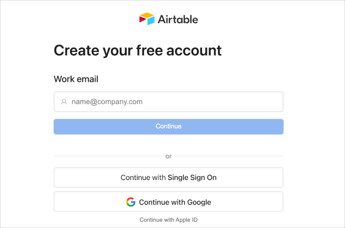 Creating a free account in Airtable