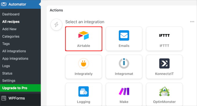 Selecting Airtable as an action