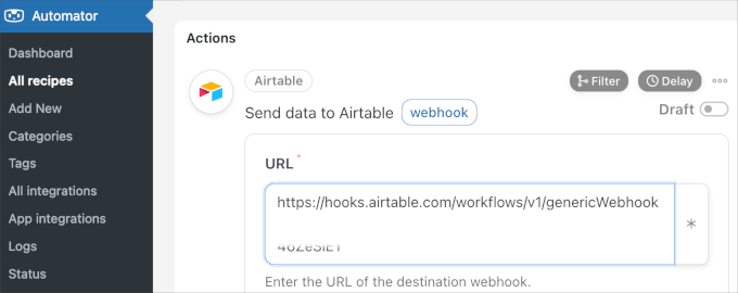 Pasting the webhook URL