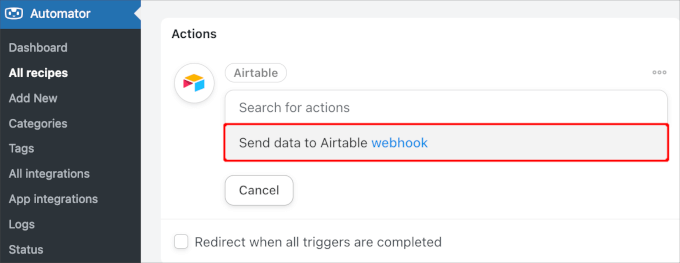 Sending data to Airtable webhook option