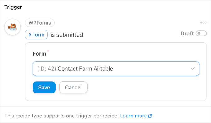 Choosing the form from the dropdown