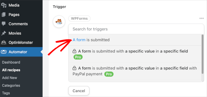 Choosing WPForms trigger