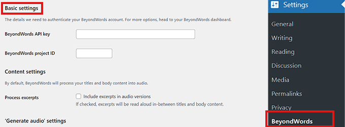 BeyondWords settings in dashboard