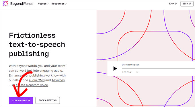 Click the Sign Up free button in BeyondWords