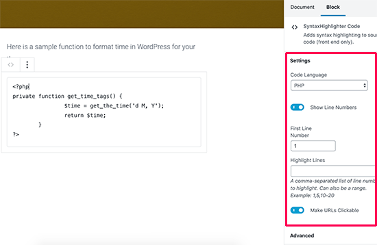 SyntaxHighlighter block settings