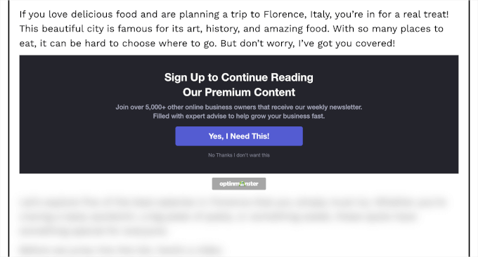 Example of an OptinMonster paywall on a live website