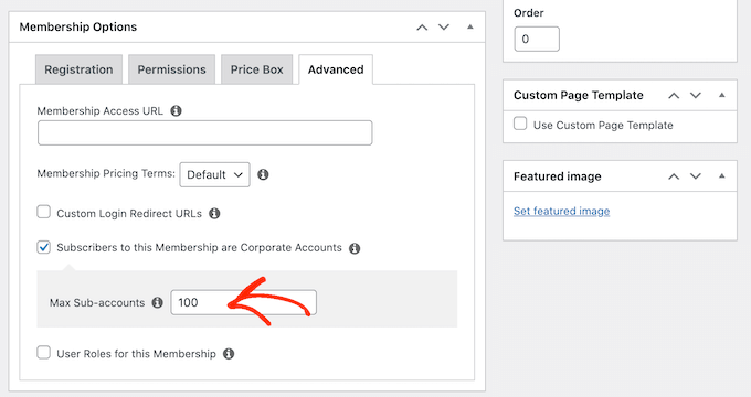 Setting a maximum sub-accounts for corporate group memberships