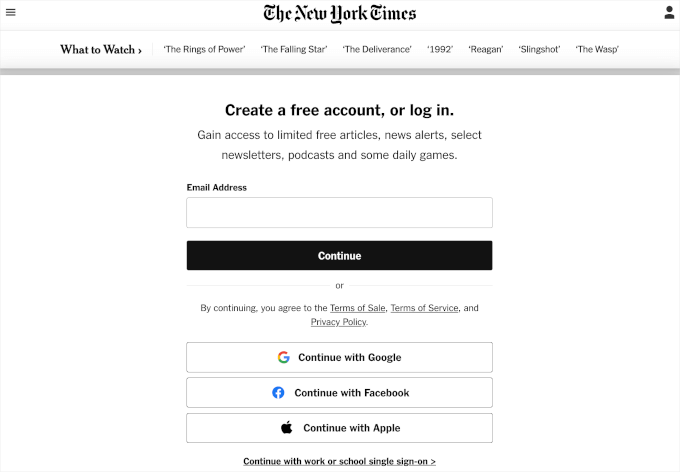 New York Times asking for an email address but not payment