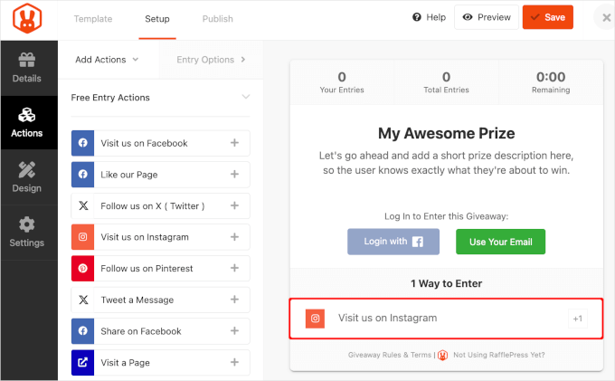 Adding Instagram action to RafflePress giveaway