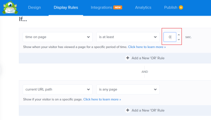 Set display rule time to zero