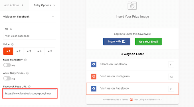 Configuring the 'Visit our Facebook' contest action