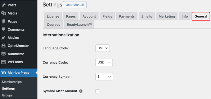 The general settings in MemberPress