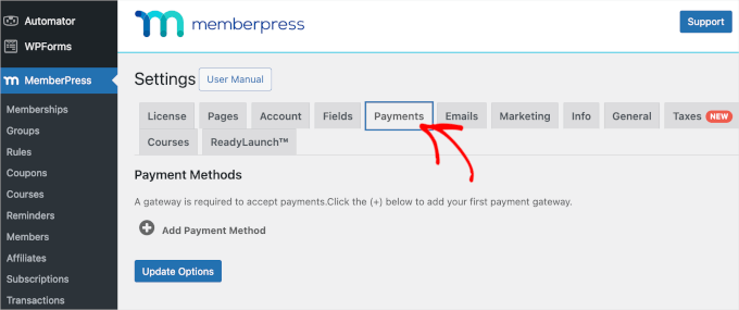 The MemberPress payment settings page