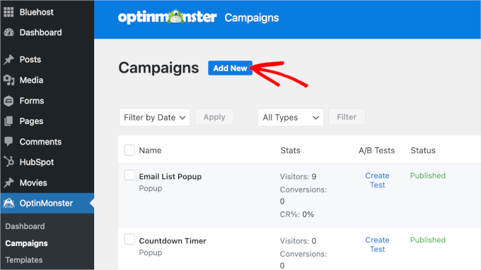 Creating a new campaign in OptinMonster