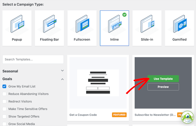 Choosing an inline campaign type and template