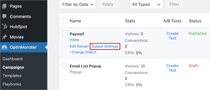 The Output Settings link on campaign list