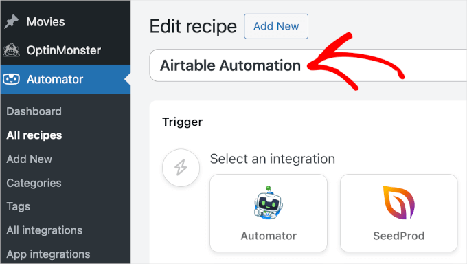 Naming the recipe as Airtable Automation