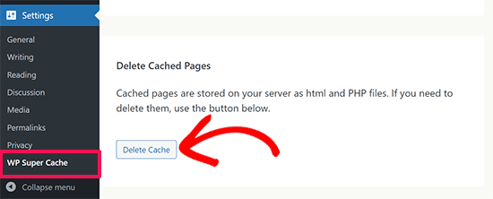 Delete cache in WP Super Cache