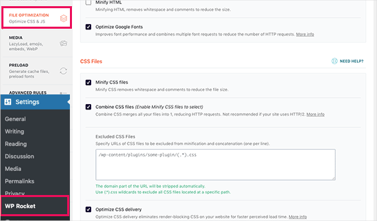 CSS Optimization settings in WP Rocket