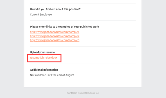 The job application email notification with resume link in place
