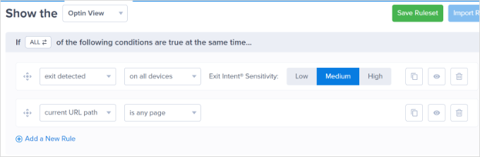 Select exit intent sensitivity