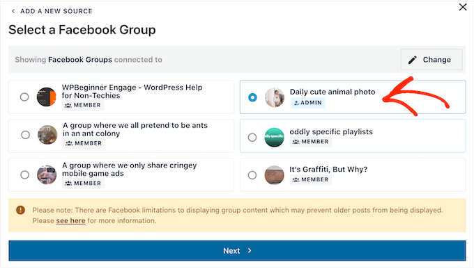 Selecting your Facebook group